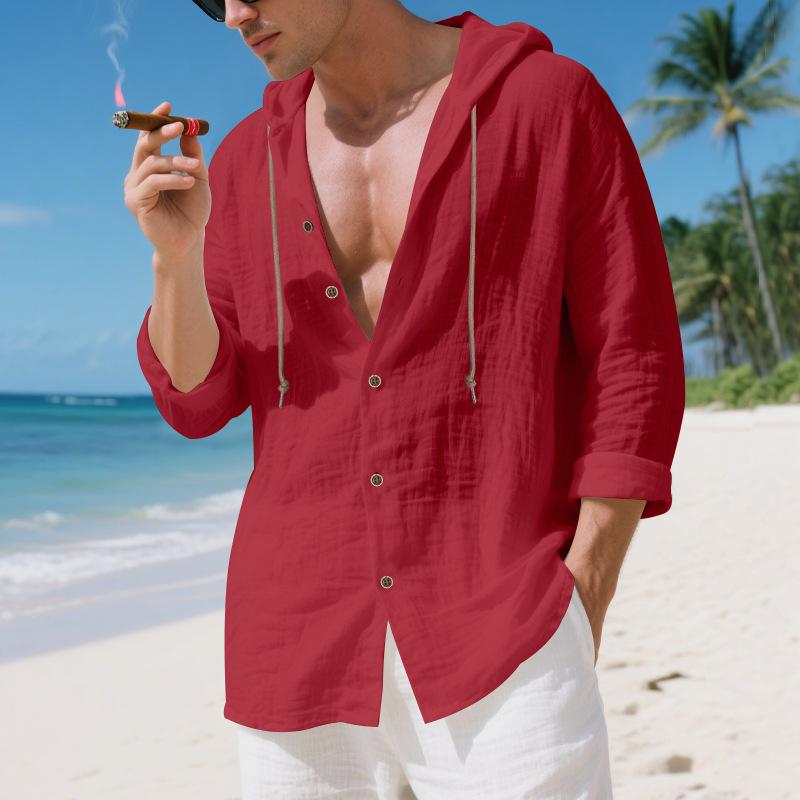 Podzimní volná lněná košile pánská s dlouhým rukávem trendy plážový ležérní kardigan s kapucí