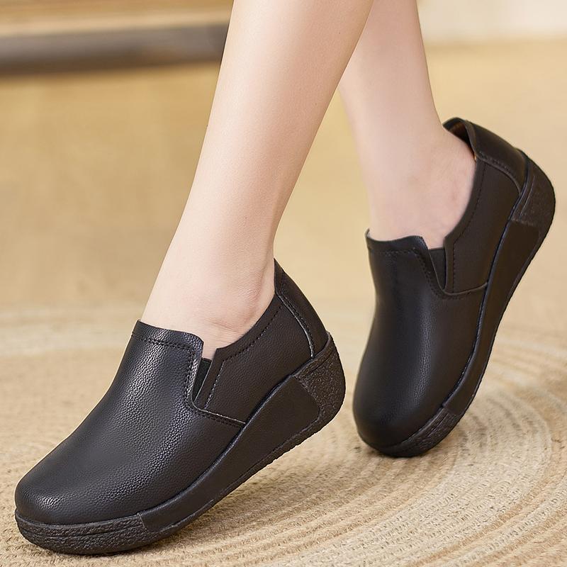 Zapatos de cuero para mujer, calzado informal para caminar con tacones de cuña, suaves y transpirables, para estudiantes, enfermeras, primavera y otoño