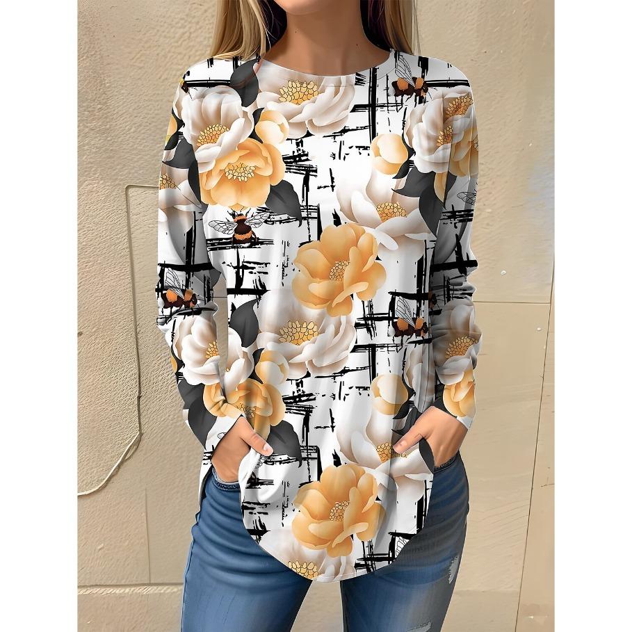 Women's Floral Print Long Sleeved T Shirts Casual and Fashionable Outdoor Round Neck Pullover Slim Fit T-shirt for Spring and Autumn Tops