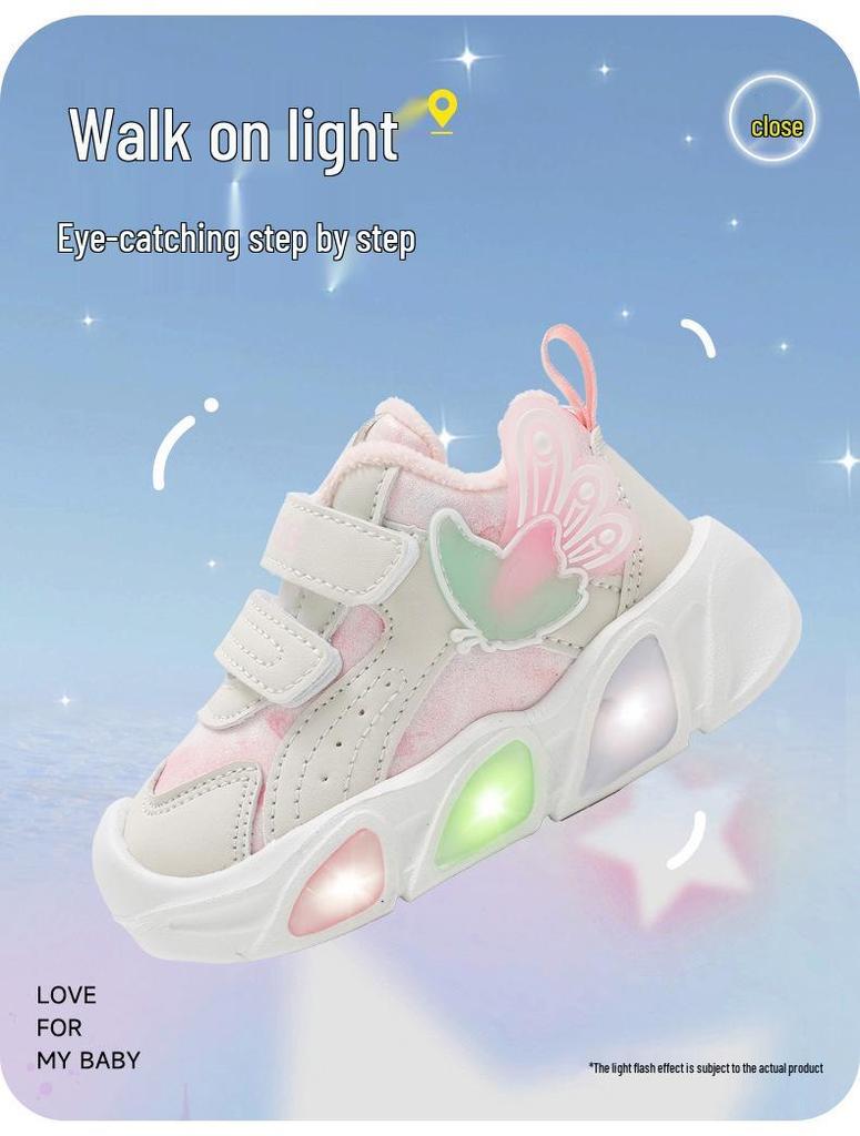 Bobodou Light-Up Girls' Toddler Shoes - 2025 New Style, Dual-Layer Cotton, Velvet-Lined for Autumn/Winter