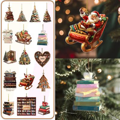 Christmas 2D Flat Ornament Book Tree Shape With Coffee Cup Star Holiday Festive Home Decor Unique Literary Style Ornament