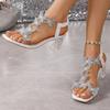 2025 New Square-toed Crystal Thick-heeled Transparent High Heels, Large-sized Water Diamond Butterfly Sandals for Women