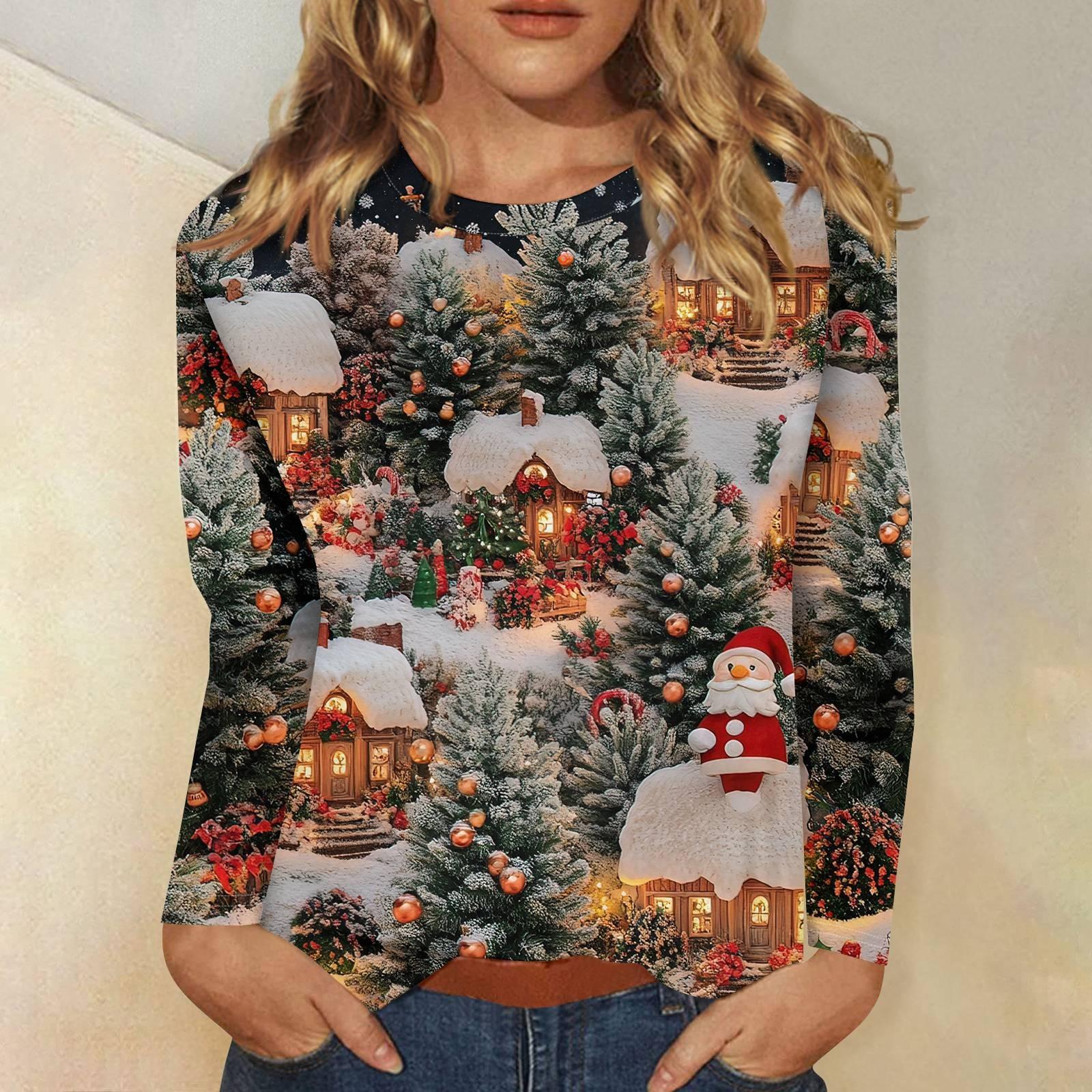 Женская мода повседневный рождественский принт круглый вырез длинный рукав пуловер — фото 11