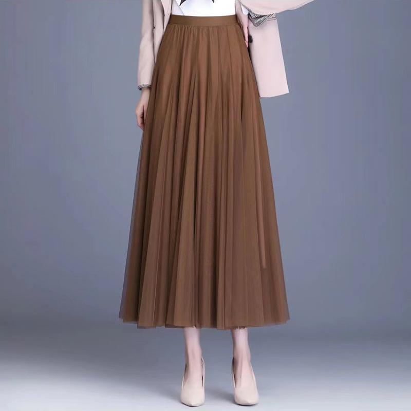 Spring Autumn Summer Holiday Beach Women Long Midi Skirt Ladies Elastic High Waist Tulle Mesh Pleated Tutu Skirt