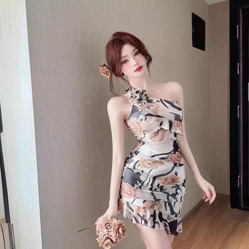 Summer sexy mesh printing off-the-shoulder bottom suspender dress single shoulder design pure hip skirt