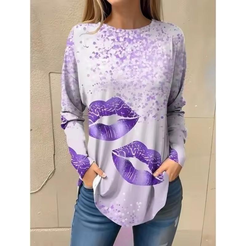 

Женская абстрактная футболка с рисунком в виде глаз/губ, с длинным рукавом, на каждый день, на выходные, с круглым вырезом, стандартный крой, с рисунком, весна/осень 5XL