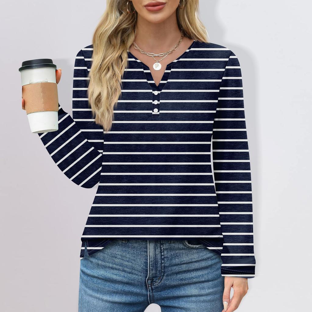 Damen T-Shirt mit Knopfleiste, Blumendruck, langärmelig, für den Alltag, Wochenende, Basic, V-Ausschnitt, normales Oberteil
