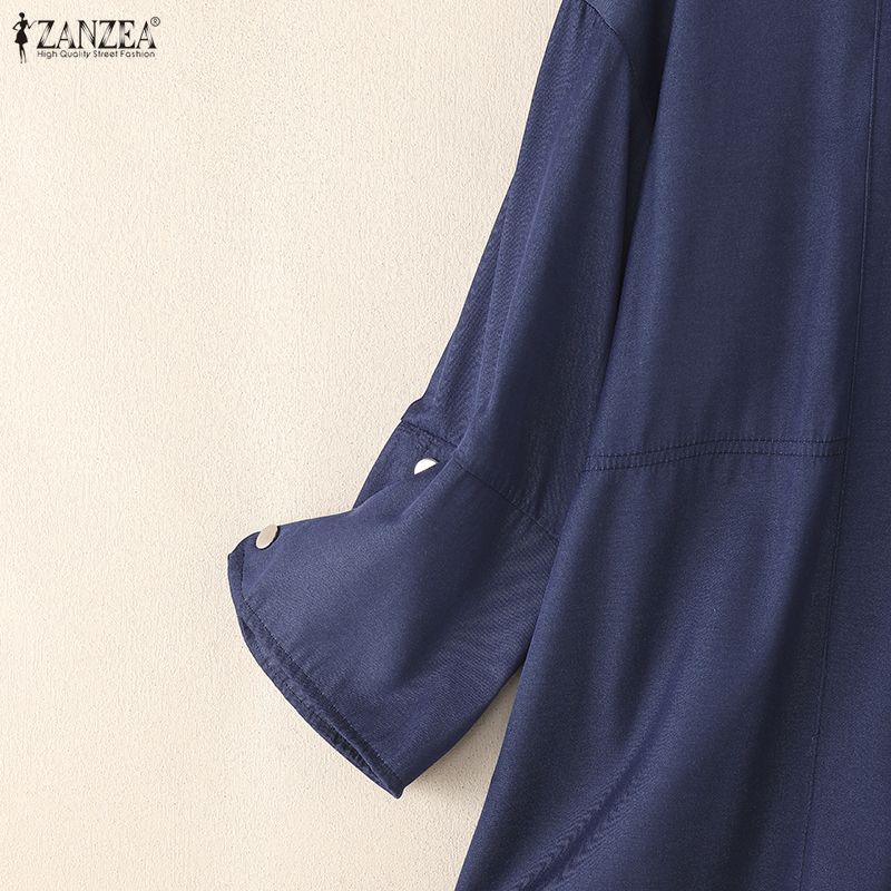 ZANZEA Women Casual Round Neck Loose 3/4 Sleeve Plain Blouse