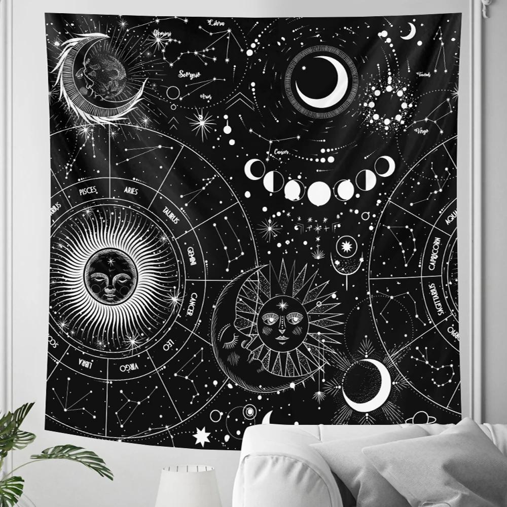 Black and White Moon Mandala Tapestry Bohemian Decoration Wall Hanging Bedroom Psychedelic Scene Starlight Art Home