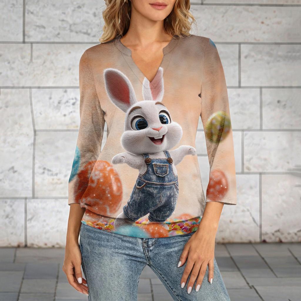 Damen 3/4 Ärmel Oberteil Saum V-Ausschnitt Sommer Freizeit T-Shirt Ostern Bedrucktes Oberteil
