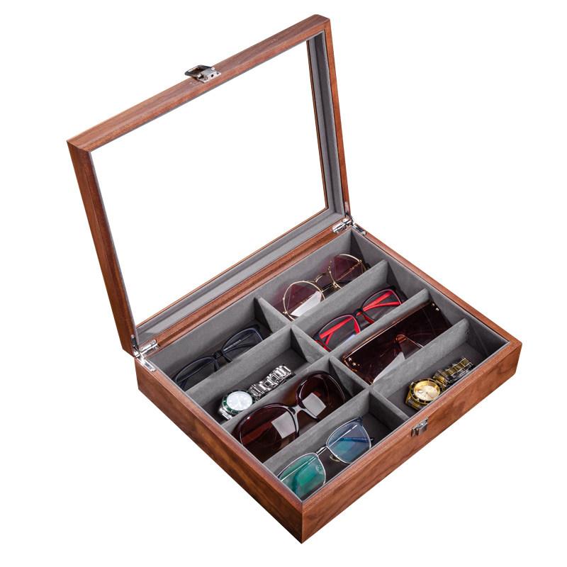 Walnut Wooden Glasses Case, Large Capacity Sunglasses & Watch Storage Box with Display Window for Travel and Home