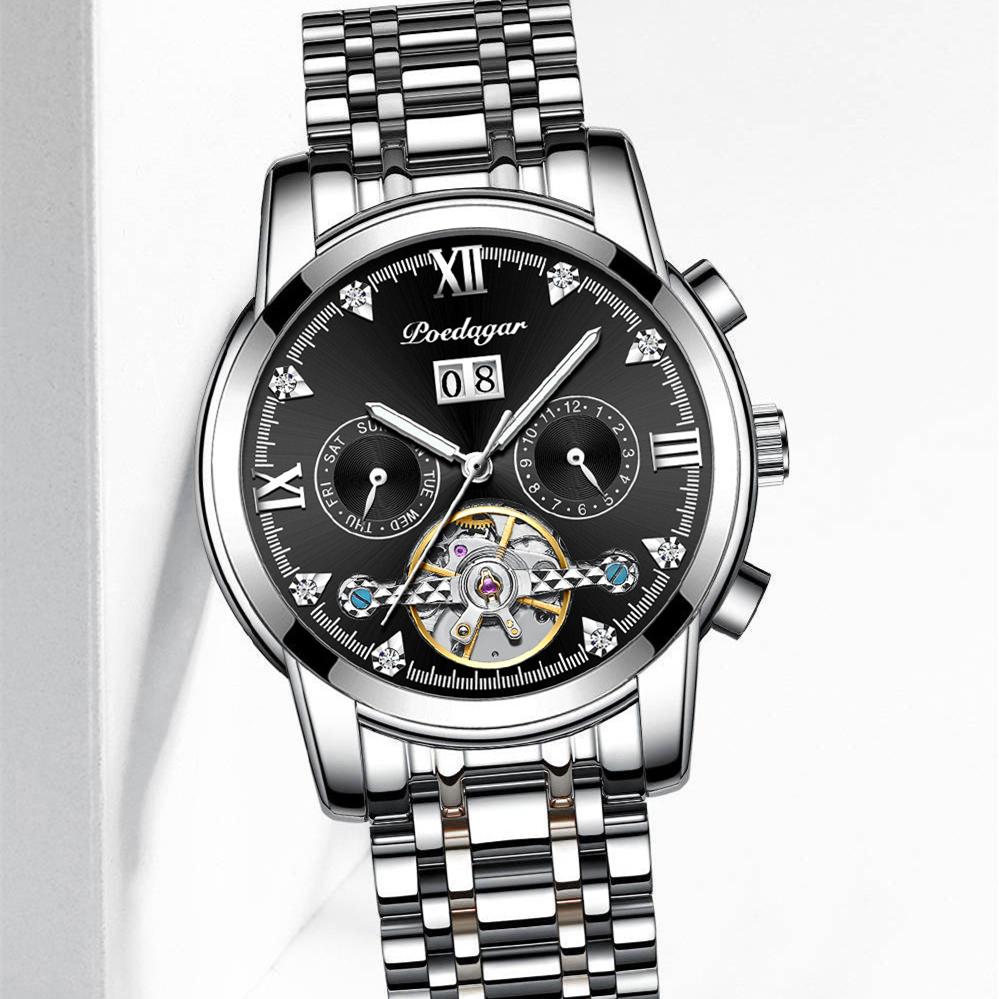 POEDAGAR Ceasuri de lux pentru bărbați, marca de top, cu cutie, calendar, ceasuri mecanice pentru bărbați, multifuncționale, impermeabile, cu goluri luminoase