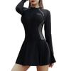 Damen Langarm Rash Guard Badeanzug mit Frontreißverschluss Schwimmkleid mit Boyshorts Atmungsaktiv Schnelltrocknend Trainings-Bademode