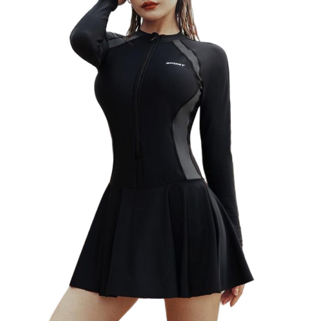 Damen Langarm Rash Guard Badeanzug mit Frontreißverschluss Schwimmkleid mit Boyshorts Atmungsaktiv Schnelltrocknend Trainings-Bademode