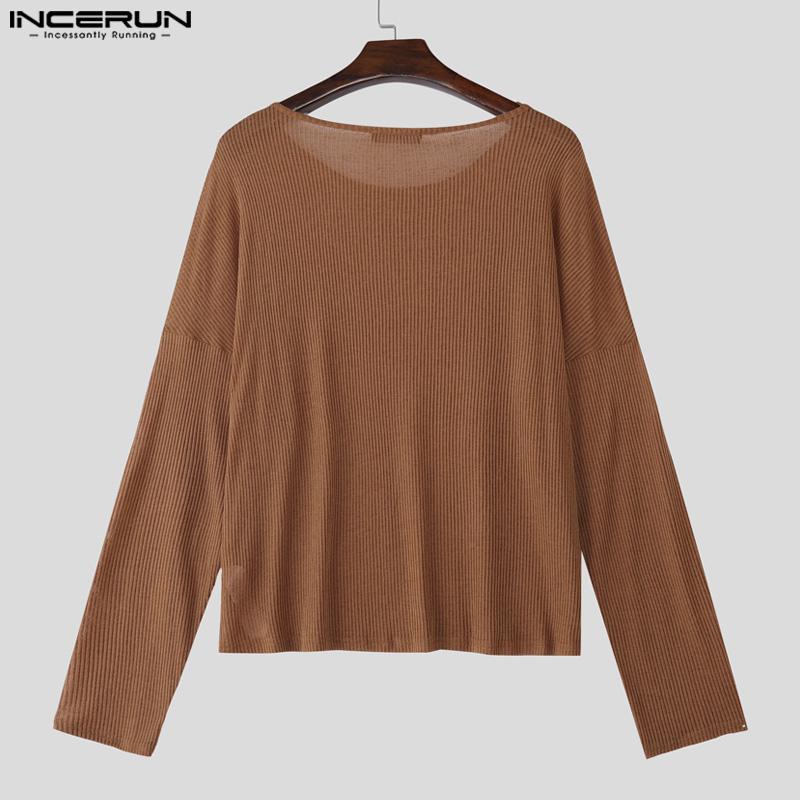 INCERUN Men Scoop Neck Long Sleeve Texture Flimsy Rib Casual Loose T-shirts Tops Undershirts