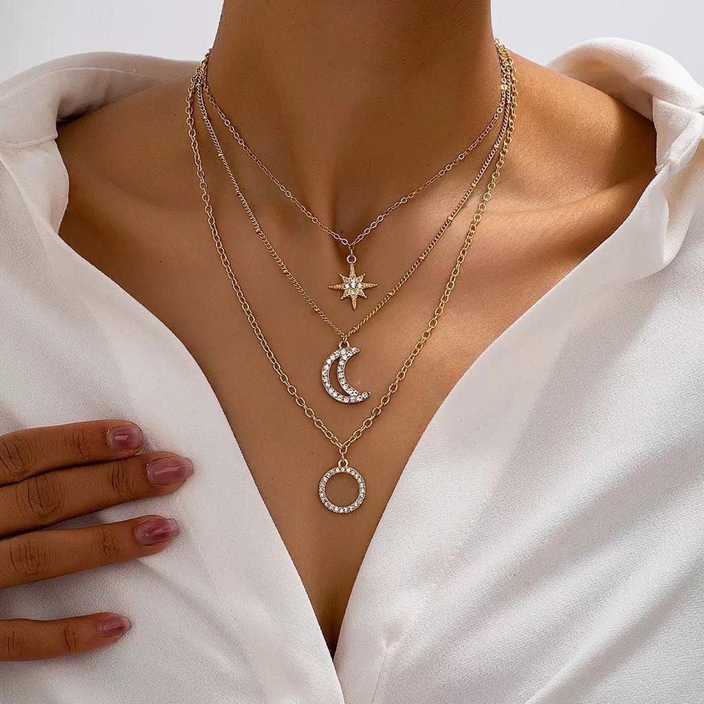 Layered Stacked Star Moon Necklace French Design Sense Personality Temperament Collarbone Chain
