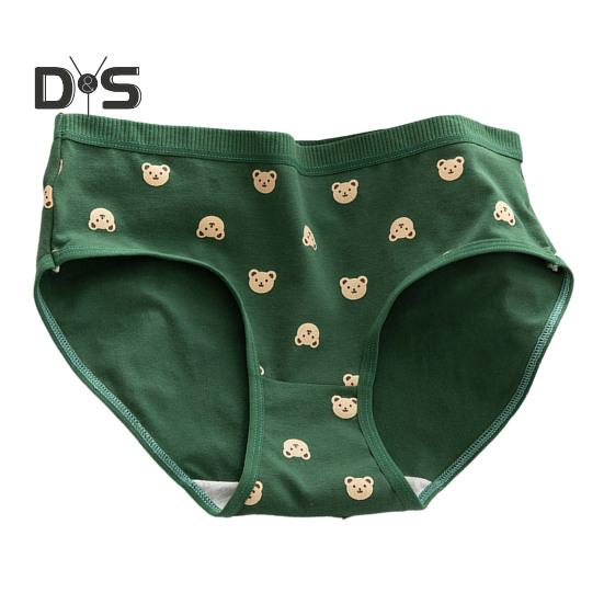 

Трусики для девочек-подростков в японском стиле с милым рисунком медведя, зеленые хлопковые трусы с промежностью, средняя посадка, студенческие трусы с рисунком L зелёный