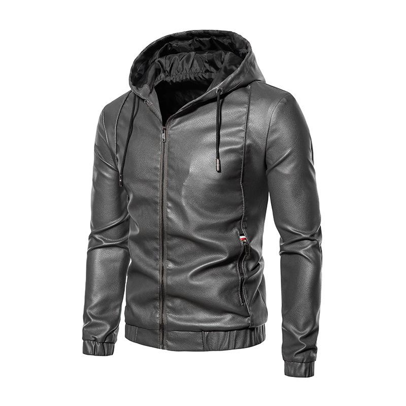 Autumn and Winter Men's Leather Jacket Leather Jacket Men's Hooded Slim Fit Motorcycle Casual Solid Color Jacket