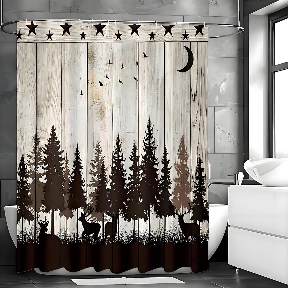Elk Bear Pine Forest Animal Hunting Lodge Country Cottage Rustic Farmhouse Shower Curtain, Bathroom Decorative Shower Curtain, W
