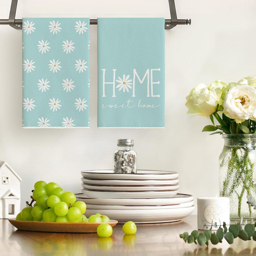 Artoid Mode Blue Home Sweet Home Flowers Kitchen Towels Dish Towels, 18x26 Inch Summer Decoration Hand Towels Set of 2