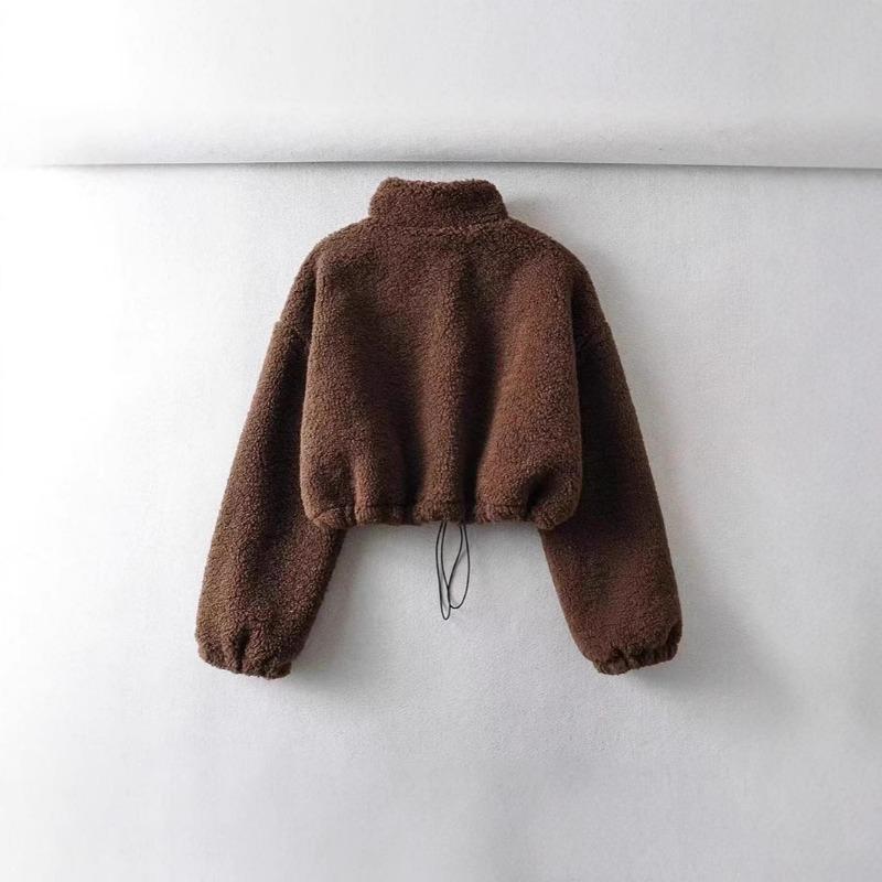 Women's Jacket Short Spring and Autumn Women's Clothing Zipper Drawstring Loose Versatile Stand-up Collar Fluffy Top