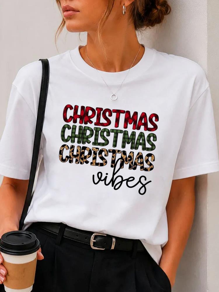 (Asian Size) Plaid Trend Cute Merry Christmas Fashion Short Sleeve T-shirts Women's Top O-neck T Shirt Print Casual New Year Clothing Graphic Tee