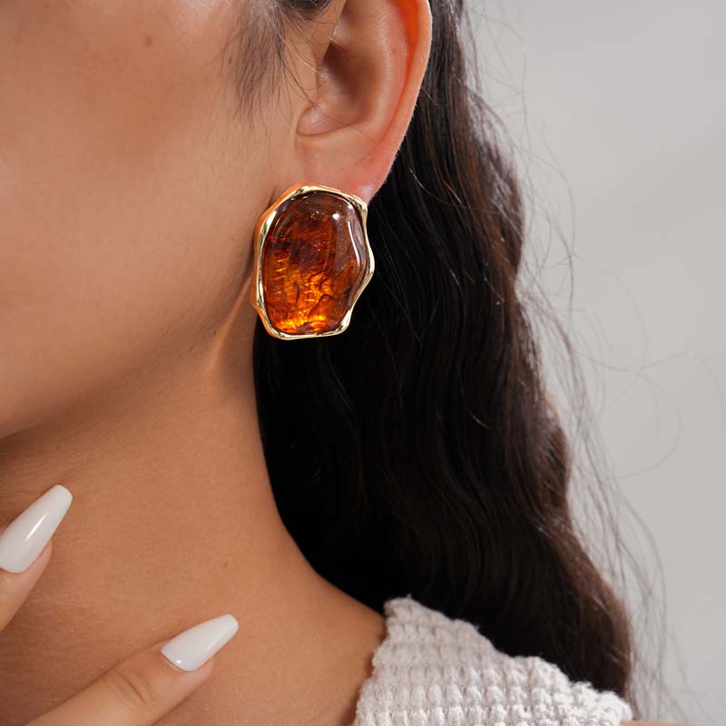 Vintage Brown Resin Elliptical Stud Earrings For Women Exaggerated Metal Geometric Earrings Wedding Ear Zircon Accessories