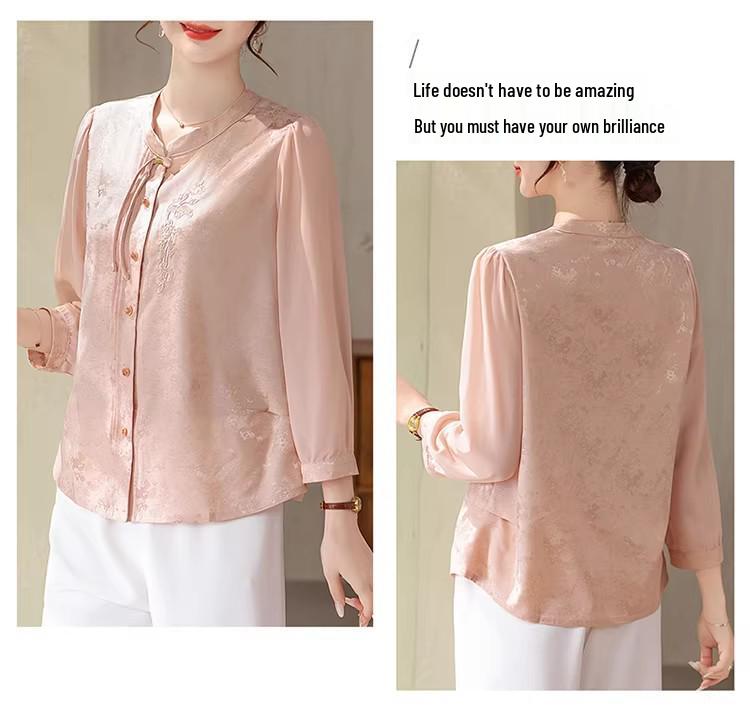 Mom's Spring Seven-Sleeve Cardigan: New 2026 Chinese National Style Round Neck Shirt for Middle-Aged & Elderly Women