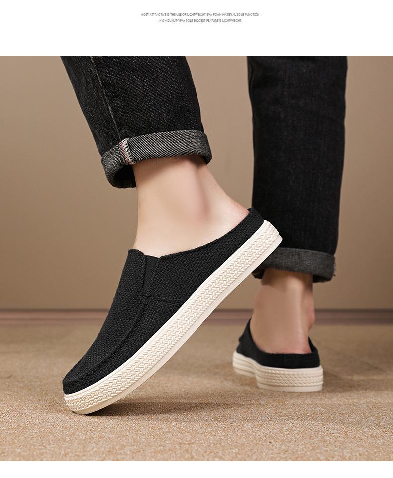 Men's Casual Cotton Linen Backless Moccasins - Solid Color Low-Top Slippers