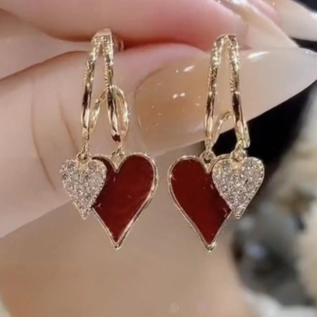 1 Pair Elegant Heart-Shaped Design Earrings Luxurious Rhinestone Inlaid Pendant Women'S Daily Holiday Wear Jewelry Accessories