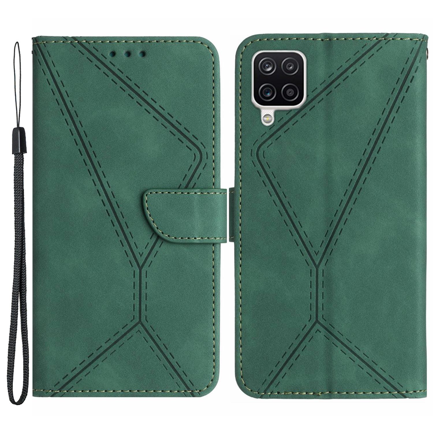

HT05 For Samsung Galaxy A12/M12/F12 Imprinted Line Wallet Stand Skin-touch PU Leather Phone Case Green