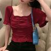 Square Neck Collar Collarbone Pleated Short-sleeved Knit Sweater Women Summer Retro Short Sweet Top T-shirt Casual Essential Slim Fit Pullovers Tees