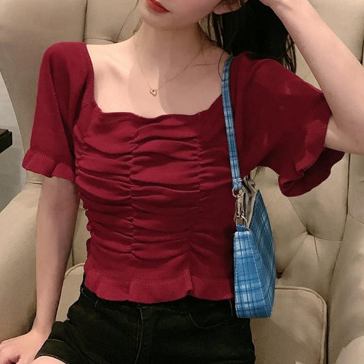 Square Neck Collar Collarbone Pleated Short-sleeved Knit Sweater Women Summer Retro Short Sweet Top T-shirt Casual Essential Slim Fit Pullovers Tees
