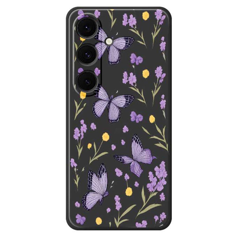 

For Samsung Galaxy S25+ Case Purple Butterflies Pattern Printing Straight Edge TPU Phone Back Cover Black