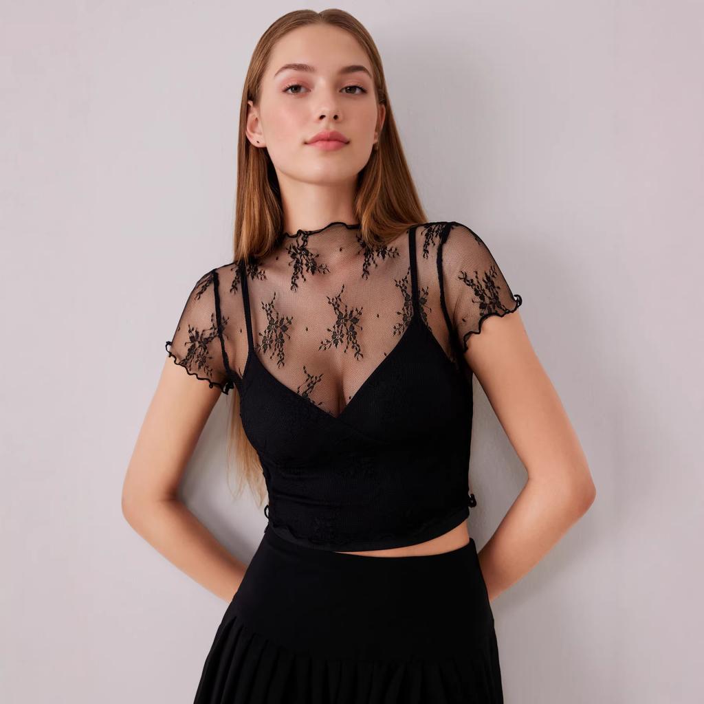 Lace top women's summer perspective thin mesh bottoming shirt Spice girl short-sleeved suspender shirt two-piece set