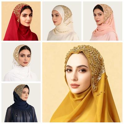 Breathable Muslim Instant Turban Solid Color Islamic Crinkle Shawl New Rhinestone Chiffon Scarf