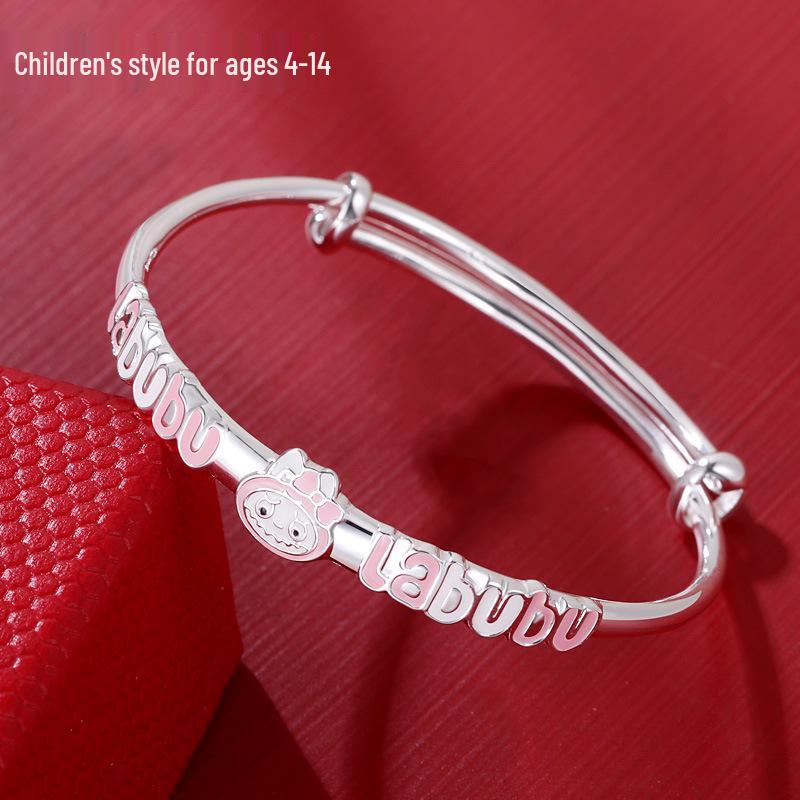 Sterling Silver Cartoon Bracelet for Girls 4-12 Years - Pink Push-Pull Design, Perfect Birthday Gift
