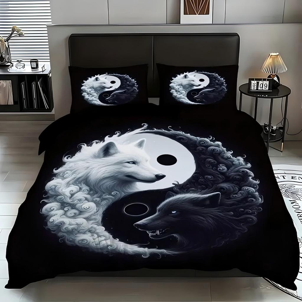 Comforter Fierce Wolf Black White White Tai Chi Pattern 3D Printed Soft Comfortable Bedding Set Wildlife Theme Set