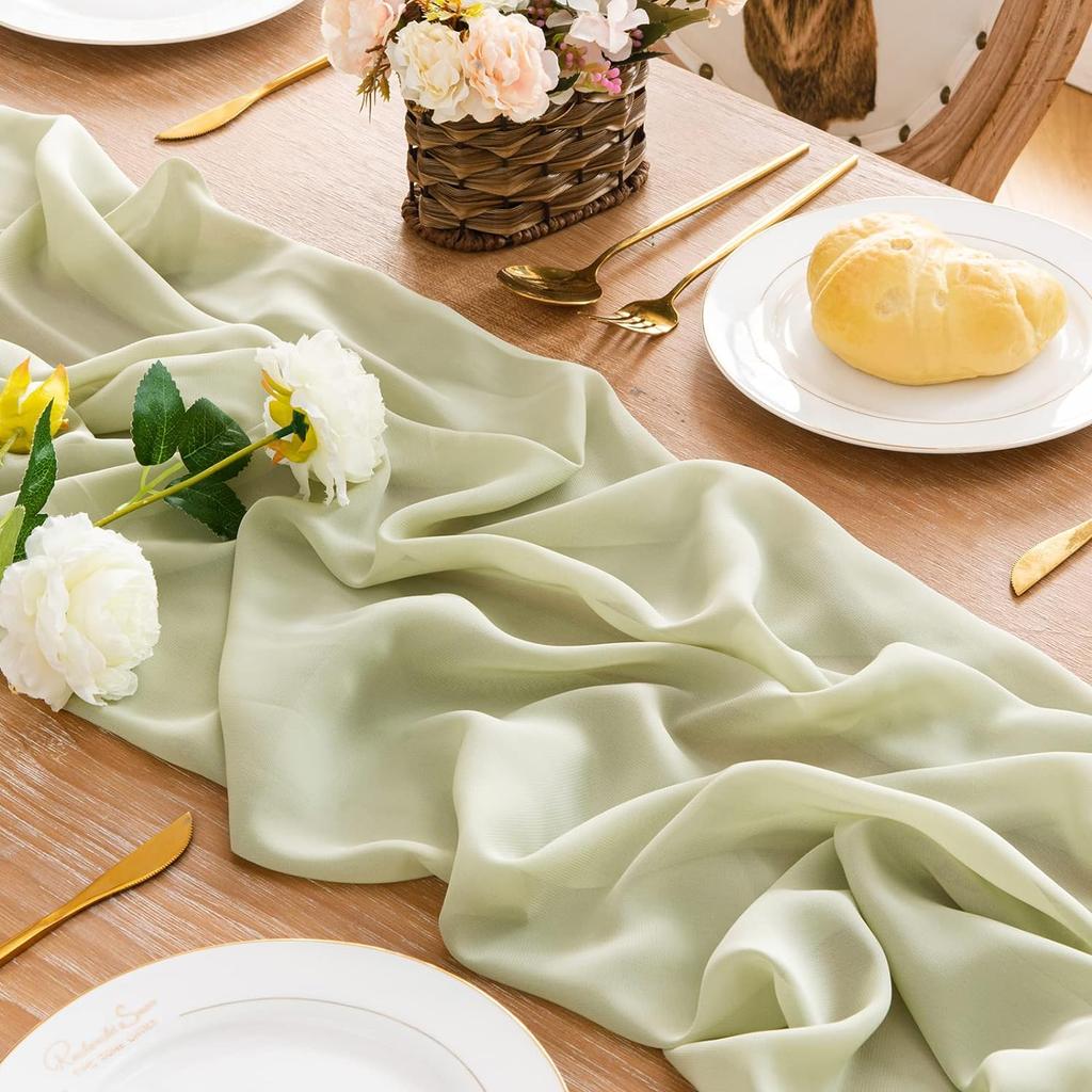 4PCS Sage Green Chiffon Wedding Table Runner,Chair Sashes Gauze Sheer Vintage Dining Birthday Party FestivalCake Table Decor