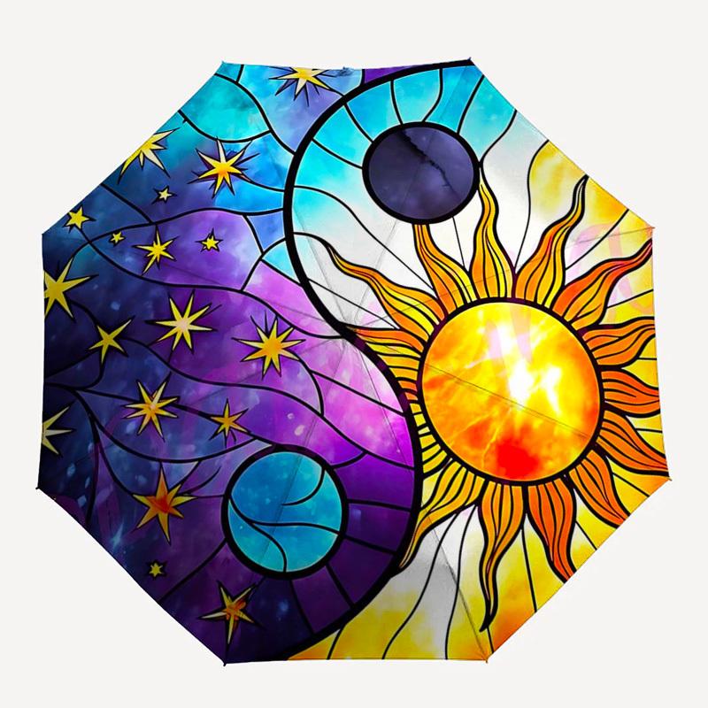1 Stück Buntglas Yin Yang Sonne Mond Sterne Automatisches Öffnen Schließen Regenschirm, Tragbares Dreifach faltbares Design mit 8-Speichen-Eisenrahmen, Outdoor-Regenschirm, Festivalgeschenk f