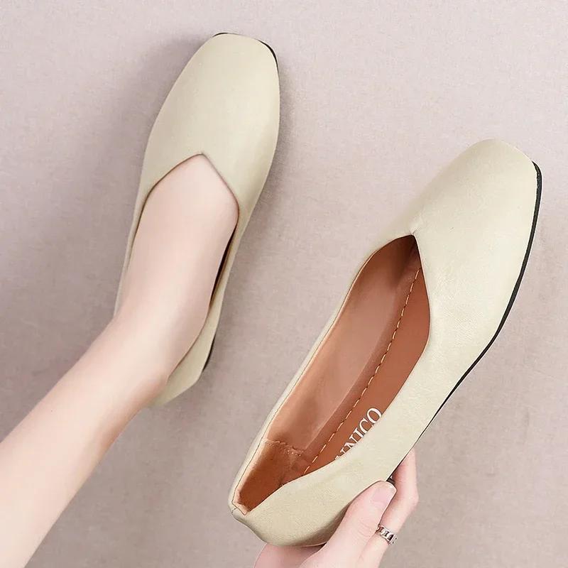 Modne Wiosenne Damskie Płaskie Buty z Kwadratowym Noskiem z Miękkiej Skóry Modne Płytkie Damskie Wsuwane Buty Casual Lekkie Buty do Chodzenia dla Pań do Biura