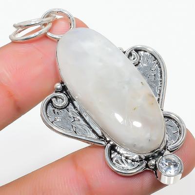 Natural Rainbow Moonstone, White Topaz 925 Sterling Silver Pendant 2.44" M6n45