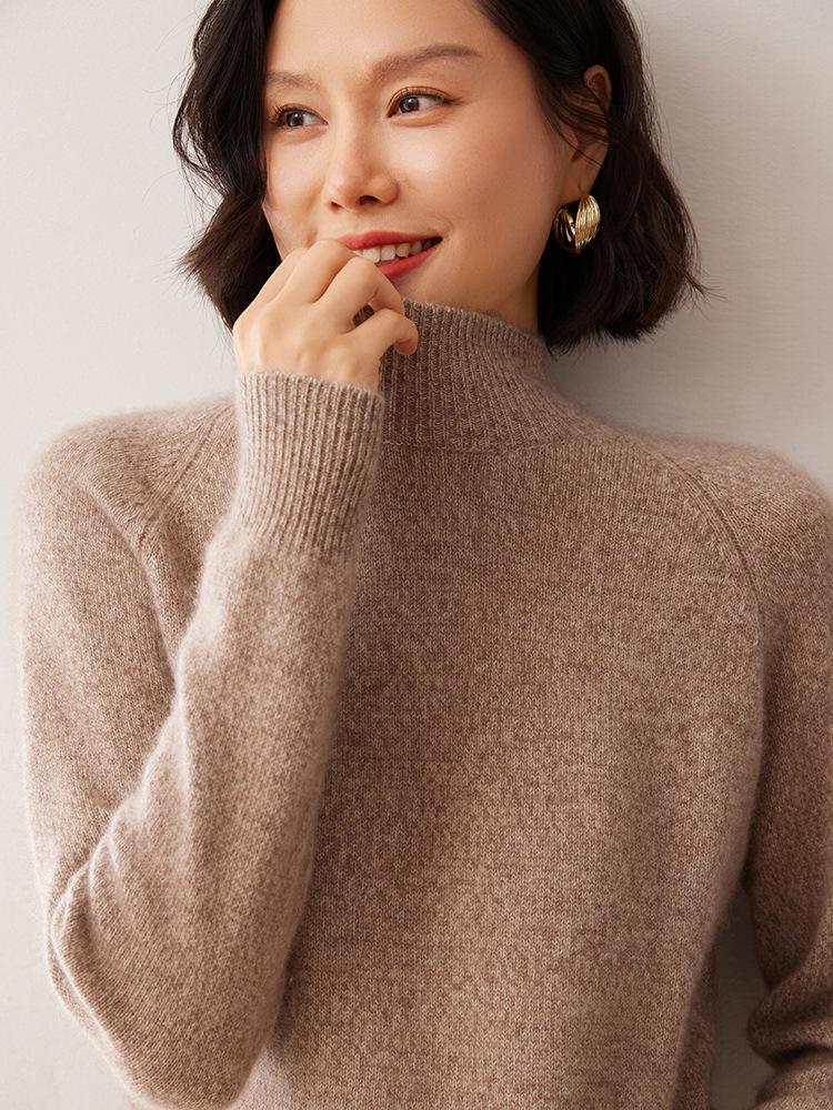 Women's Cashmere Half-High Neck Raglan Sweater - Autumn/Winter Style, 7-Gauge Fancy Yarn, Loose Knit Pullover.
