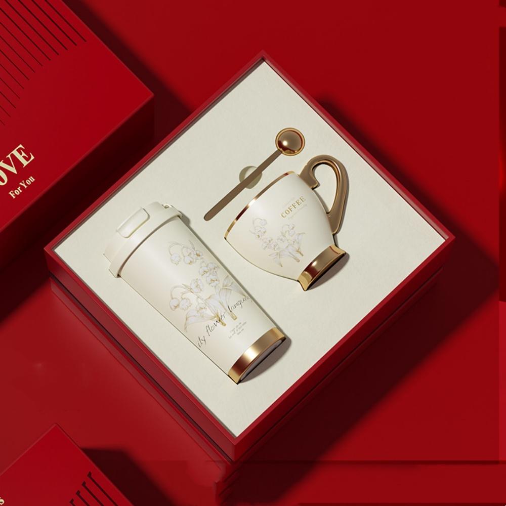Lyxig Keramisk Kaffe Rese Termosmugg 530ML Och Mug 280ML Set med Presentförpackning - Bröllopspresent Dryckeservice Set