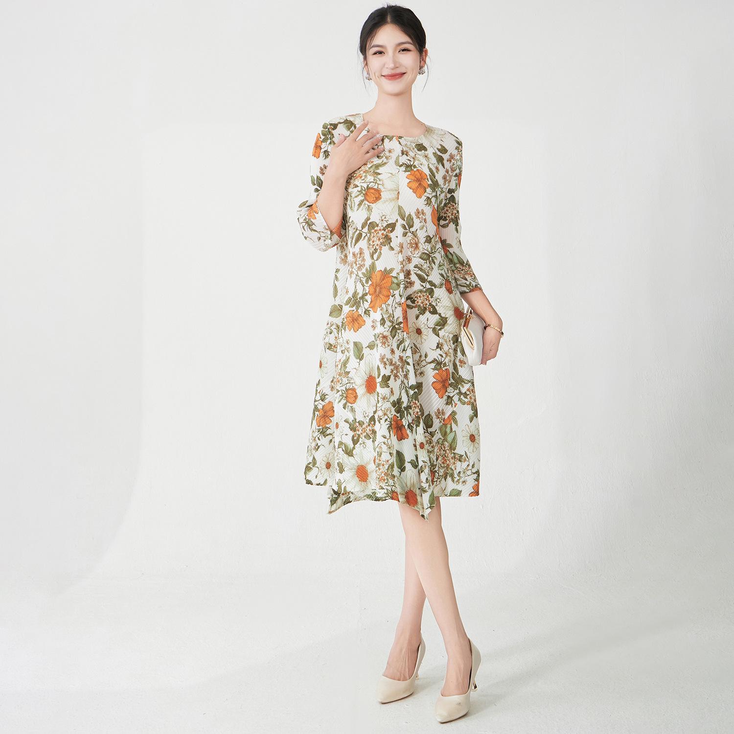 

Elegant Women s Printed A-Line Mid-Length Dress - Round Neck, Loose Fit One Size абрикосовый