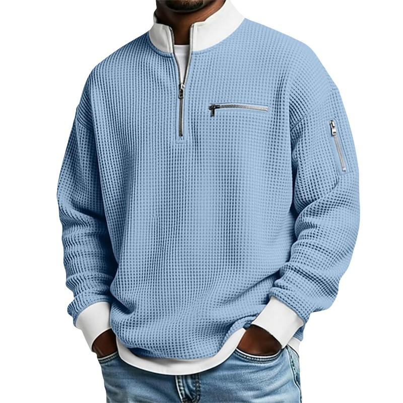 Unisex Stand Collar Colorblock Zip-Up Waffle Knit Sweatshirt Fall Casual Wear