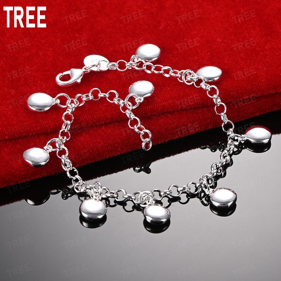 925 Sterling Silver Round Cake Side Chain Simple Bracelet Gift Jewelry 20CM