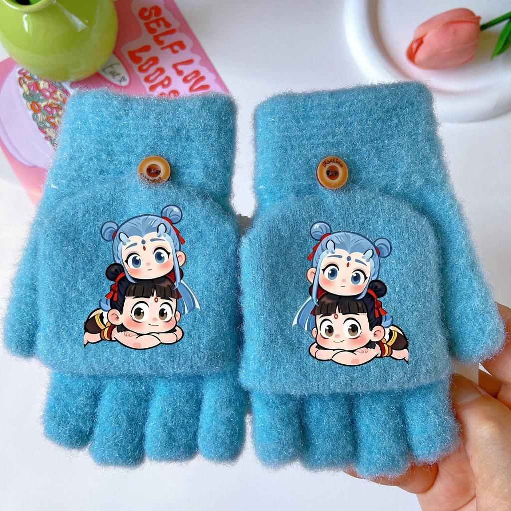 Nezha Ao Bing Winter Cartoon Fingerless Gloves: Thick, Windproof, Warm Knit for Girls