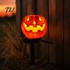 Easy Install Soil Insert Garden Stakes Solar Halloween Pumpkin Light, Waterproof LED Outdoor Resin Ghost Face Yard Lamp with Stake for Pathway