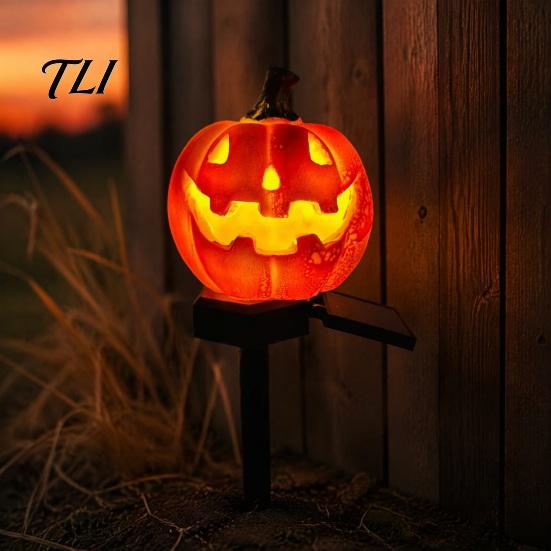 Easy Install Soil Insert Garden Stakes Solar Halloween Pumpkin Light, Waterproof LED Outdoor Resin Ghost Face Yard Lamp with Stake for Pathway